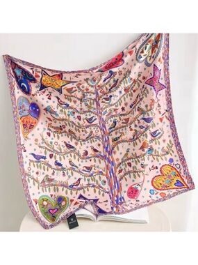 New Square Scarf Silk Satin Printed Pink Tree Birds Heart Whimsical Novelty